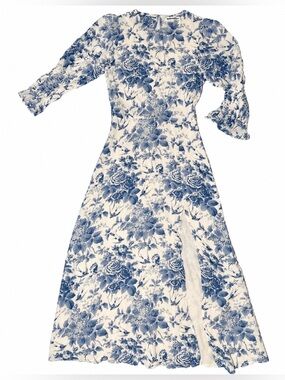 Reformation Remi Dress Pompadour Blue Floral Bird Print Midi Dress Size 2